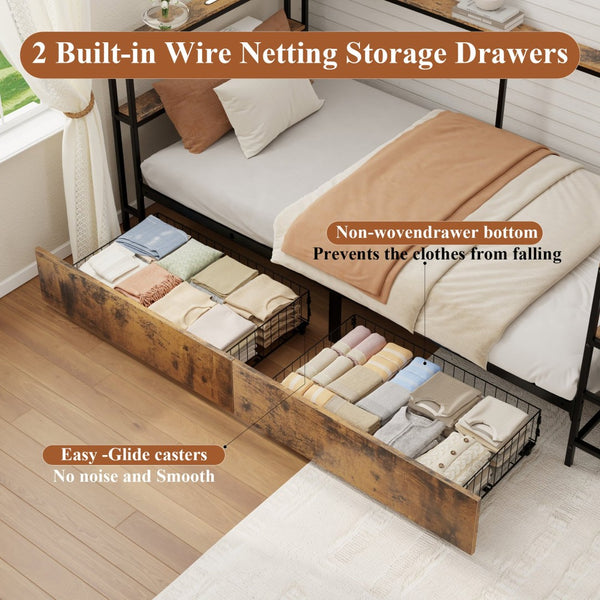 English Elm Twin Corner Metal Platform Daybed with Storage Drawers and Farmhouse Barn Door Detail W636P485963