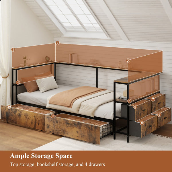 English Elm Twin Corner Metal Platform Daybed with Storage Drawers and Farmhouse Barn Door Detail W636P485963