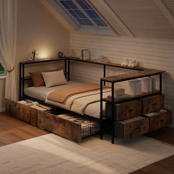English Elm Twin Corner Metal Platform Daybed with Storage Drawers and Farmhouse Barn Door Detail W636P485963