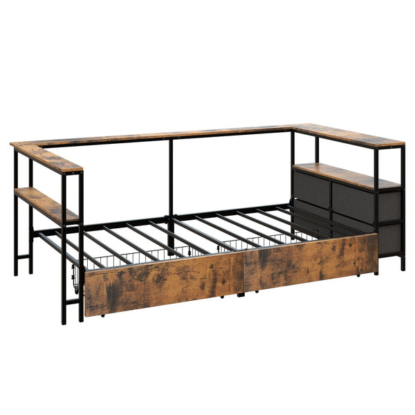 English Elm Twin Corner Metal Platform Daybed with Storage Drawers and Farmhouse Barn Door Detail W636P485963