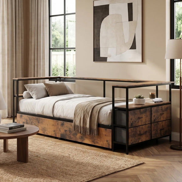 English Elm Twin Corner Metal Platform Daybed with Storage Drawers and Farmhouse Barn Door Detail W636P485963