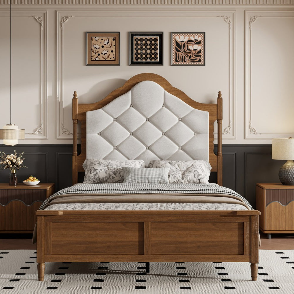 English Elm Full Size Platform Bed Engineered Wood Upholstered Headboard Vintage Farmhouse Brown W636P499910