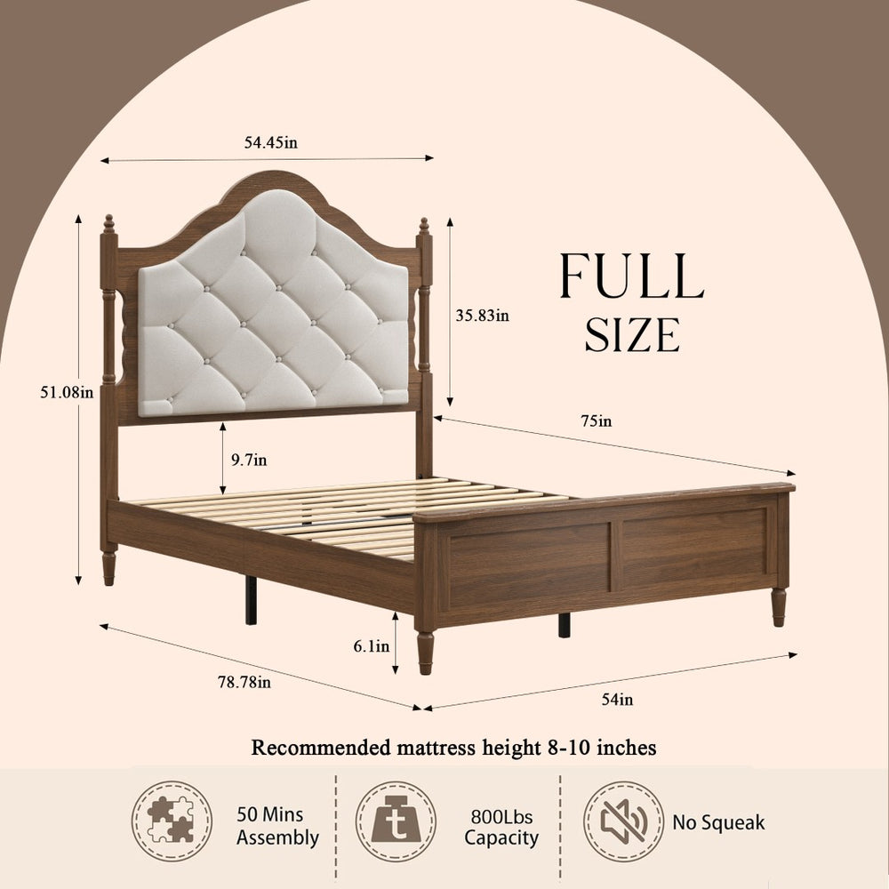 English Elm Full Size Platform Bed Engineered Wood Upholstered Headboard Vintage Farmhouse Brown W636P499910