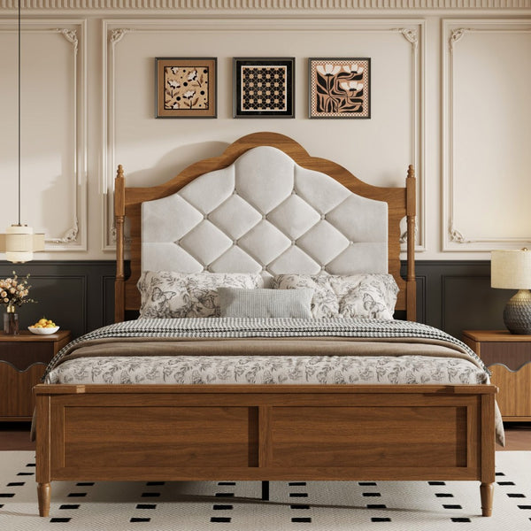 English Elm Queen Platform Bed with Upholstered Headboard Paneled Footboard Warm Brown Wood W636P499911