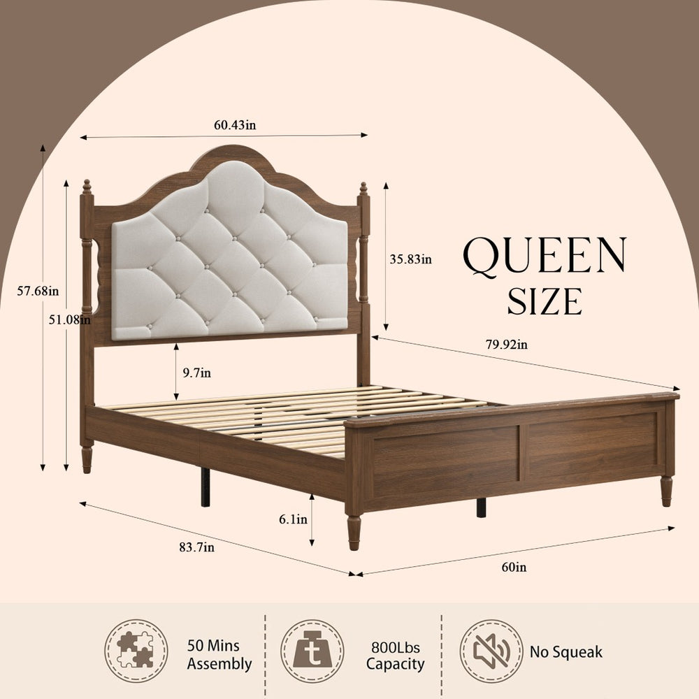 English Elm Queen Platform Bed with Upholstered Headboard Paneled Footboard Warm Brown Wood W636P499911