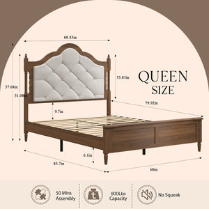 English Elm Queen Platform Bed with Upholstered Headboard Paneled Footboard Warm Brown Wood W636P499911