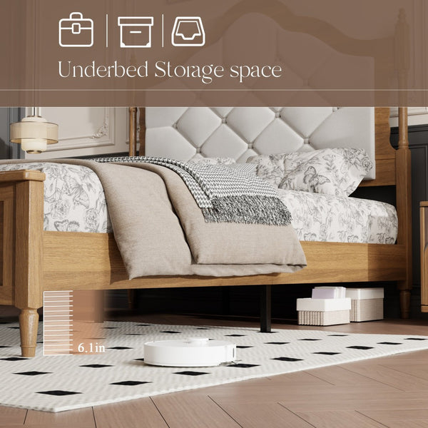 English Elm Queen Platform Bed with Upholstered Headboard Paneled Footboard Warm Brown Wood W636P499911