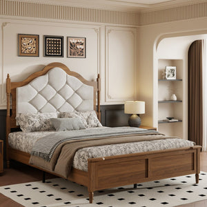 English Elm Queen Platform Bed with Upholstered Headboard Paneled Footboard Warm Brown Wood W636P499911