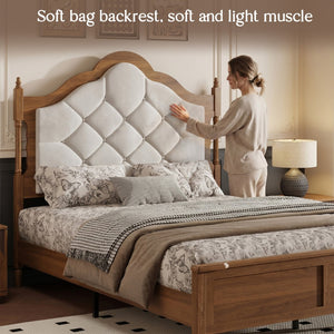 English Elm Queen Platform Bed with Upholstered Headboard Paneled Footboard Warm Brown Wood W636P499911