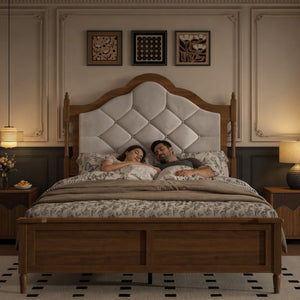 English Elm Queen Platform Bed with Upholstered Headboard Paneled Footboard Warm Brown Wood W636P499911
