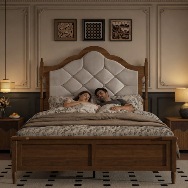 English Elm Queen Platform Bed with Upholstered Headboard Paneled Footboard Warm Brown Wood W636P499911
