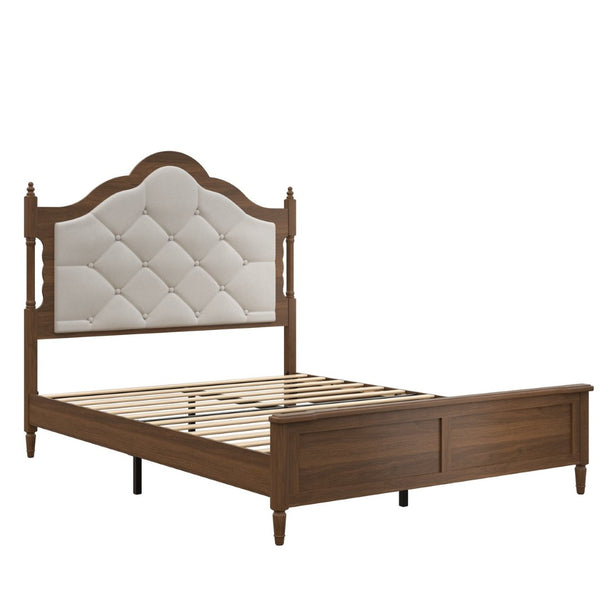 English Elm Queen Platform Bed with Upholstered Headboard Paneled Footboard Warm Brown Wood W636P499911
