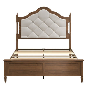 English Elm Queen Platform Bed with Upholstered Headboard Paneled Footboard Warm Brown Wood W636P499911