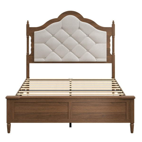 English Elm Queen Platform Bed with Upholstered Headboard Paneled Footboard Warm Brown Wood W636P499911
