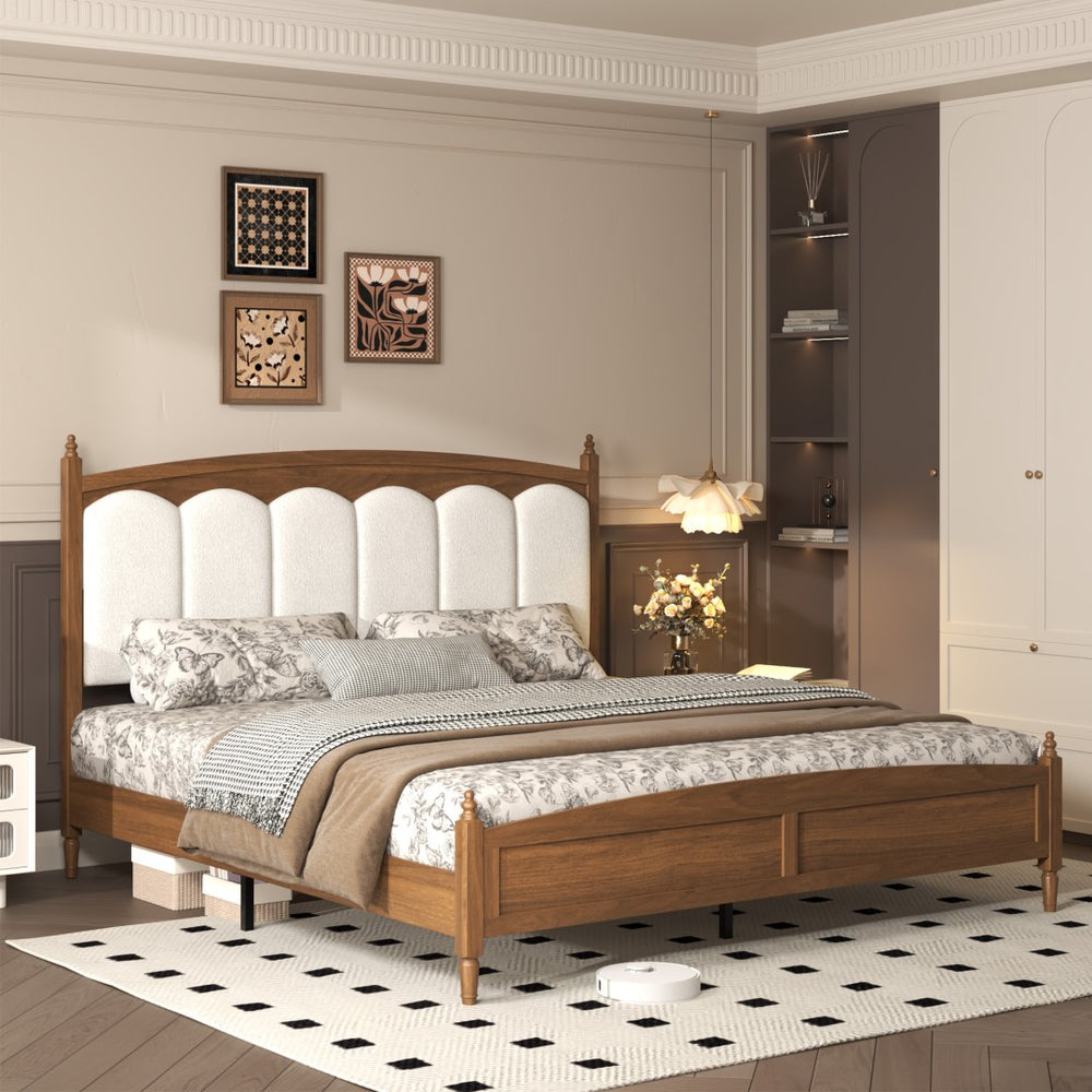 English Elm Queen Platform Bed Upholstered Headboard Mid-Century Farmhouse Style Engineered Wood W636P499914
