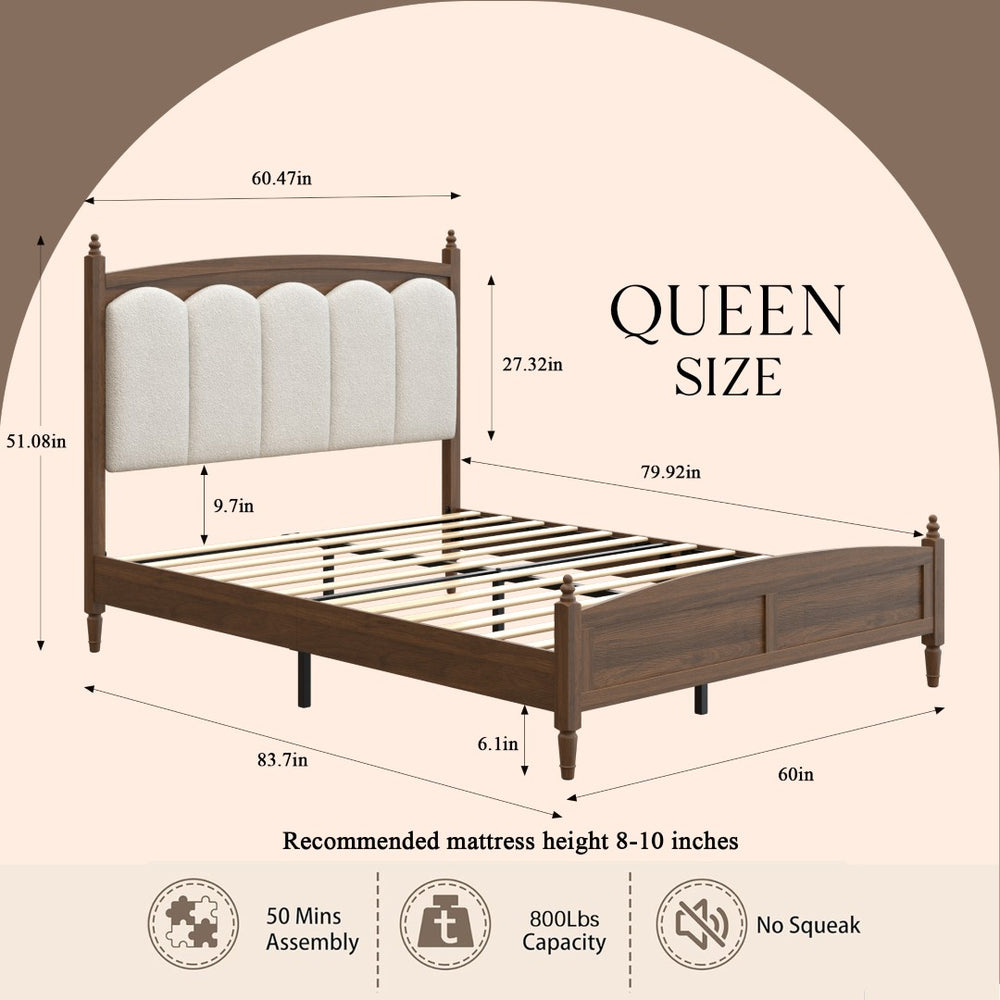 English Elm Queen Platform Bed Upholstered Headboard Mid-Century Farmhouse Style Engineered Wood W636P499914