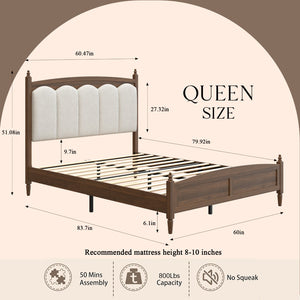 English Elm Queen Platform Bed Upholstered Headboard Mid-Century Farmhouse Style Engineered Wood W636P499914