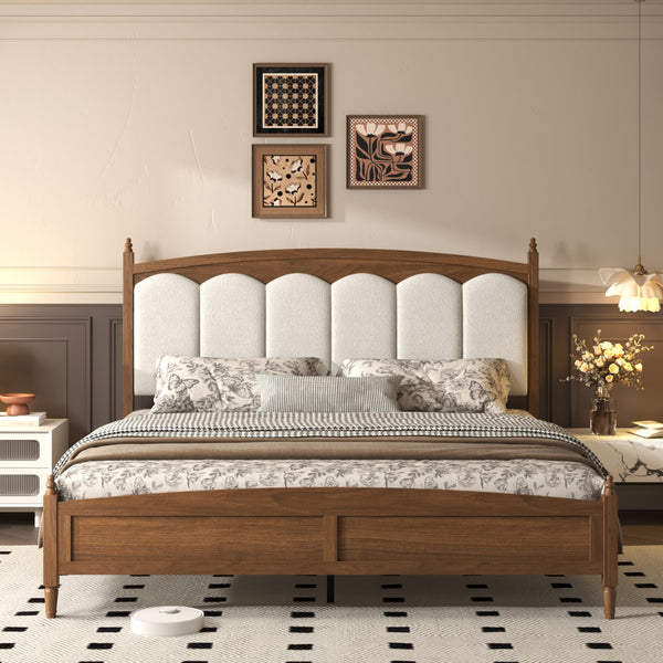 English Elm Queen Platform Bed Upholstered Headboard Mid-Century Farmhouse Style Engineered Wood W636P499914