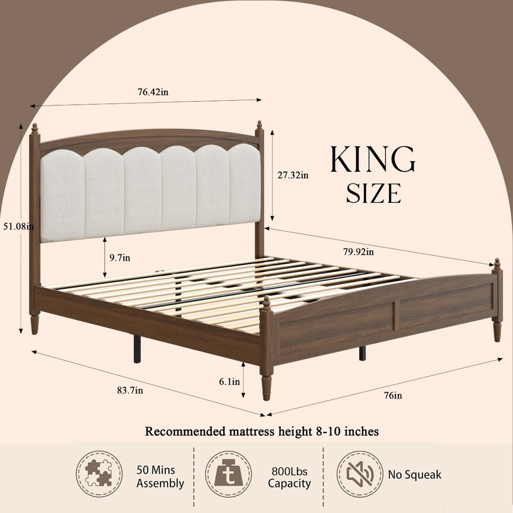English Elm King Platform Bed Upholstered Headboard Warm Brown Engineered Wood Farmhouse Modern W636P499915