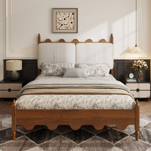English Elm Queen Platform Bed Scalloped Upholstered Headboard Solid Wood Legs No Box Spring Walnut Cotton Linen W636P510169