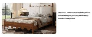 English Elm Queen Platform Bed Scalloped Upholstered Headboard Solid Wood Legs No Box Spring Walnut Cotton Linen W636P510169