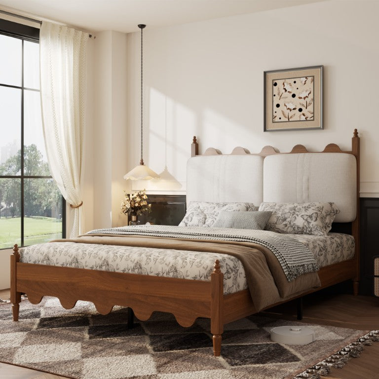 English Elm Queen Platform Bed Scalloped Upholstered Headboard Solid Wood Legs No Box Spring Walnut Cotton Linen W636P510169