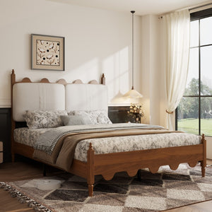English Elm Queen Platform Bed Scalloped Upholstered Headboard Solid Wood Legs No Box Spring Walnut Cotton Linen W636P510169