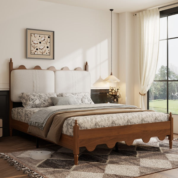 English Elm Queen Platform Bed Scalloped Upholstered Headboard Solid Wood Legs No Box Spring Walnut Cotton Linen W636P510169