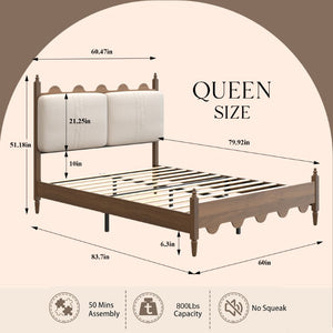 English Elm Queen Platform Bed Scalloped Upholstered Headboard Solid Wood Legs No Box Spring Walnut Cotton Linen W636P510169