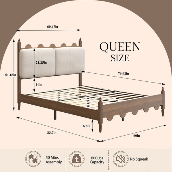 English Elm Queen Platform Bed Scalloped Upholstered Headboard Solid Wood Legs No Box Spring Walnut Cotton Linen W636P510169