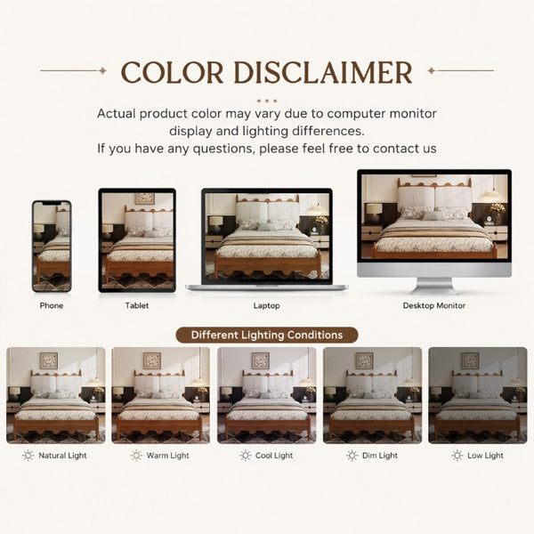 English Elm Queen Platform Bed Scalloped Upholstered Headboard Solid Wood Legs No Box Spring Walnut Cotton Linen W636P510169