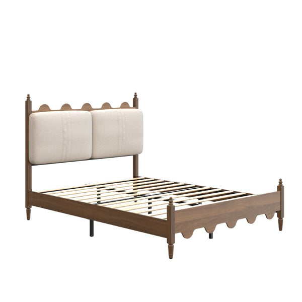 English Elm Queen Platform Bed Scalloped Upholstered Headboard Solid Wood Legs No Box Spring Walnut Cotton Linen W636P510169