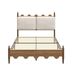 English Elm Queen Platform Bed Scalloped Upholstered Headboard Solid Wood Legs No Box Spring Walnut Cotton Linen W636P510169