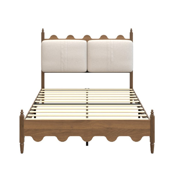 English Elm Queen Platform Bed Scalloped Upholstered Headboard Solid Wood Legs No Box Spring Walnut Cotton Linen W636P510169