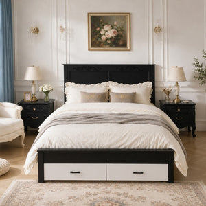 English Elm Queen Platform Bed Scalloped Upholstered Headboard Solid Wood Legs No Box Spring Black/White MDF+Metal W636P535045