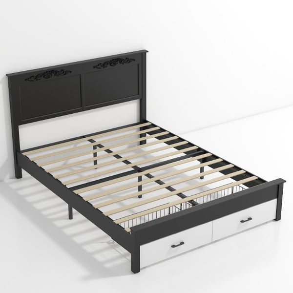 English Elm Queen Platform Bed Scalloped Upholstered Headboard Solid Wood Legs No Box Spring Black/White MDF+Metal W636P535045