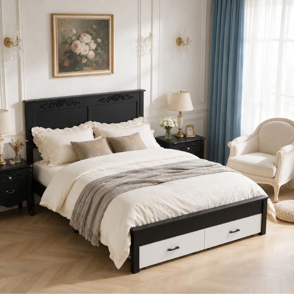 English Elm Queen Platform Bed Scalloped Upholstered Headboard Solid Wood Legs No Box Spring Black/White MDF+Metal W636P535045