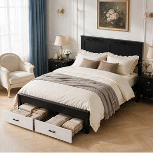 English Elm Queen Platform Bed Scalloped Upholstered Headboard Solid Wood Legs No Box Spring Black/White MDF+Metal W636P535045