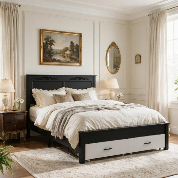 English Elm Queen Platform Bed Scalloped Upholstered Headboard Solid Wood Legs No Box Spring Black/White MDF+Metal W636P535045