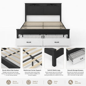English Elm Queen Platform Bed Scalloped Upholstered Headboard Solid Wood Legs No Box Spring Black/White MDF+Metal W636P535045