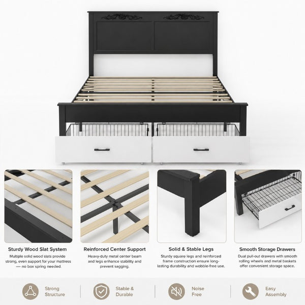 English Elm Queen Platform Bed Scalloped Upholstered Headboard Solid Wood Legs No Box Spring Black/White MDF+Metal W636P535045