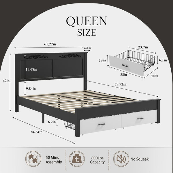 English Elm Queen Platform Bed Scalloped Upholstered Headboard Solid Wood Legs No Box Spring Black/White MDF+Metal W636P535045