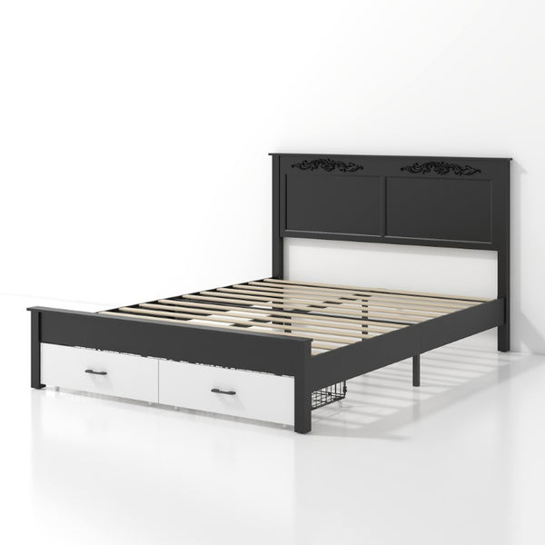 English Elm Queen Platform Bed Scalloped Upholstered Headboard Solid Wood Legs No Box Spring Black/White MDF+Metal W636P535045