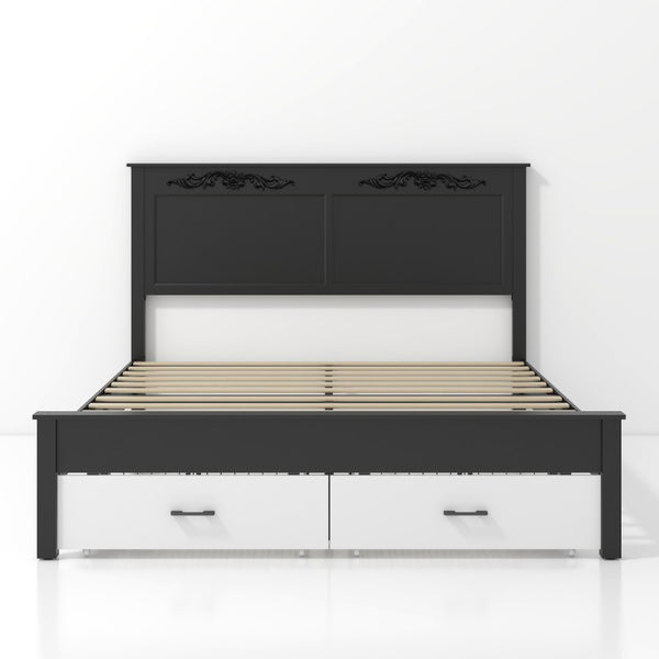 English Elm Queen Platform Bed Scalloped Upholstered Headboard Solid Wood Legs No Box Spring Black/White MDF+Metal W636P535045
