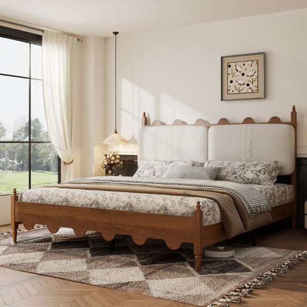 English Elm King Platform Bed Scalloped Upholstered Headboard Walnut Legs French Country Bedroom W636P553544