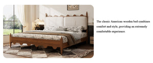 English Elm King Platform Bed Scalloped Upholstered Headboard Walnut Legs French Country Bedroom W636P553544