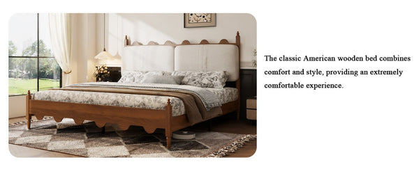 English Elm King Platform Bed Scalloped Upholstered Headboard Walnut Legs French Country Bedroom W636P553544