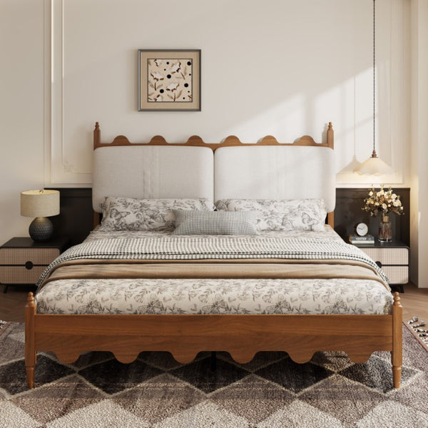 English Elm King Platform Bed Scalloped Upholstered Headboard Walnut Legs French Country Bedroom W636P553544