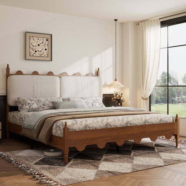 English Elm King Platform Bed Scalloped Upholstered Headboard Walnut Legs French Country Bedroom W636P553544