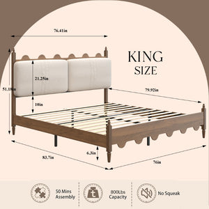 English Elm King Platform Bed Scalloped Upholstered Headboard Walnut Legs French Country Bedroom W636P553544